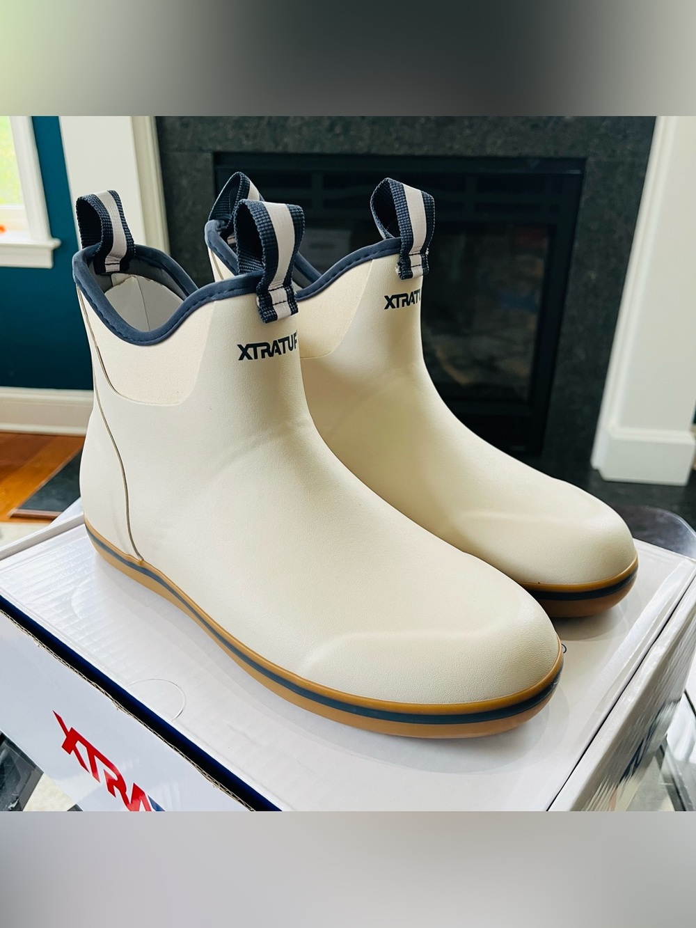 XTRATUF Men's 6" Ankle Deck Boot Waterproof Pull On Slip Resistant Ivory/Navy
